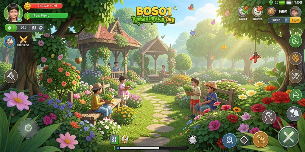 Screenshot gameplay BOS01 yang menampilkan ladang penuh tanaman.