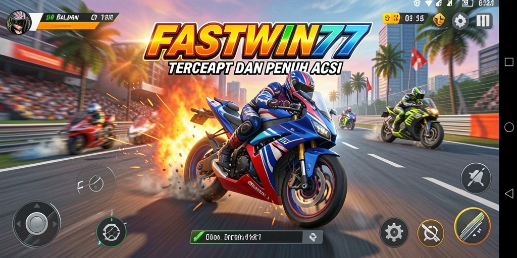 Screenshot utama FASTWIN77 menampilkan aksi balapan motor penuh kecepatan.
