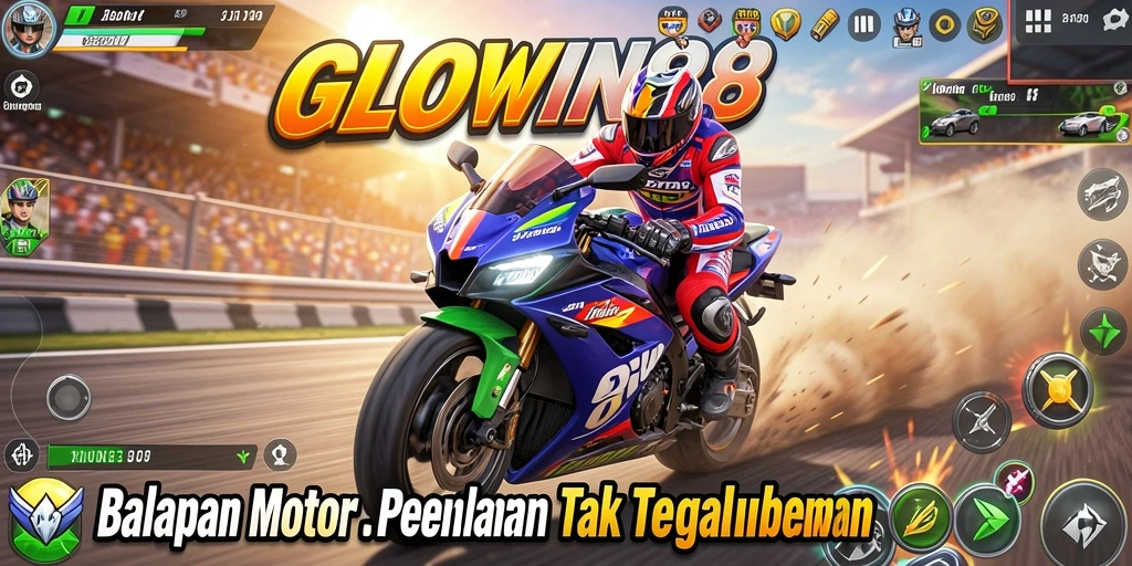 Screenshot gameplay GLOWIN88 menampilkan balapan motor mendebarkan.