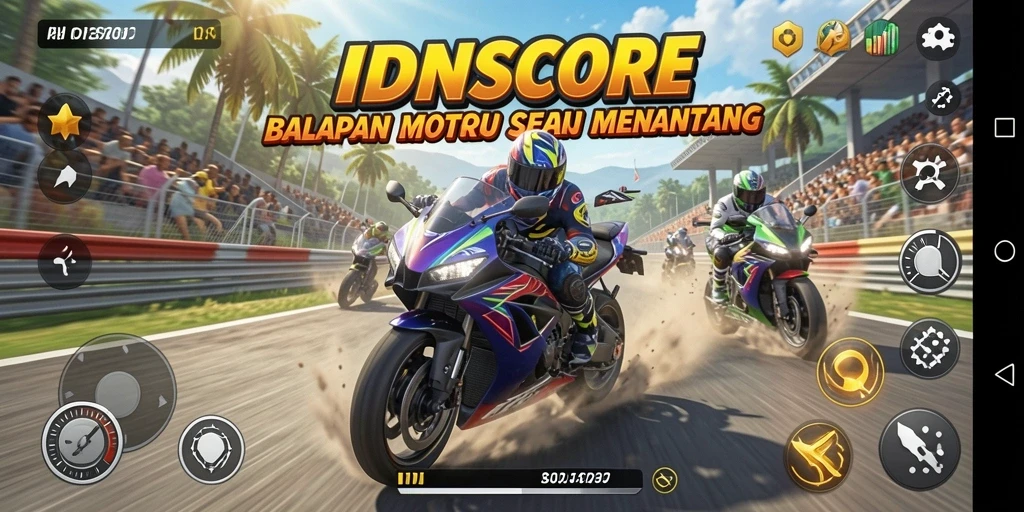 Screenshot gameplay <strong>IDNSCORE</strong> menampilkan balapan motor yang mendebarkan.