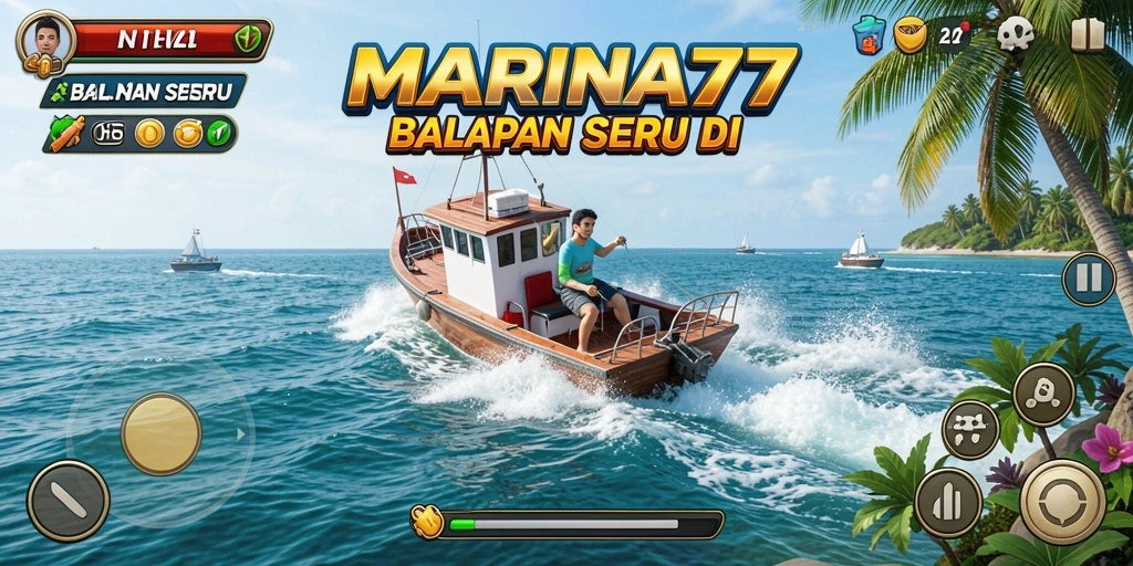 Tampilan gameplay seru saat balapan di laut menggunakan perahu.