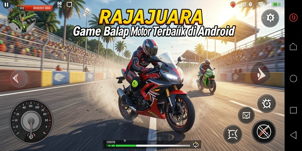 Screenshot gameplay RAJAJUARA menampilkan aksi balap motor yang mendebarkan.
